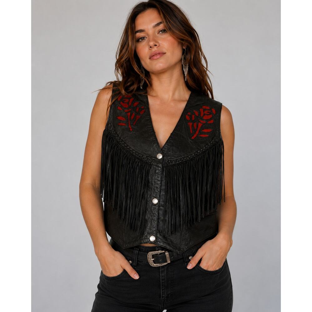 Hot Leathers Leather Fringe Vest XXL Black Red Floral Cutout Western Biker Moto